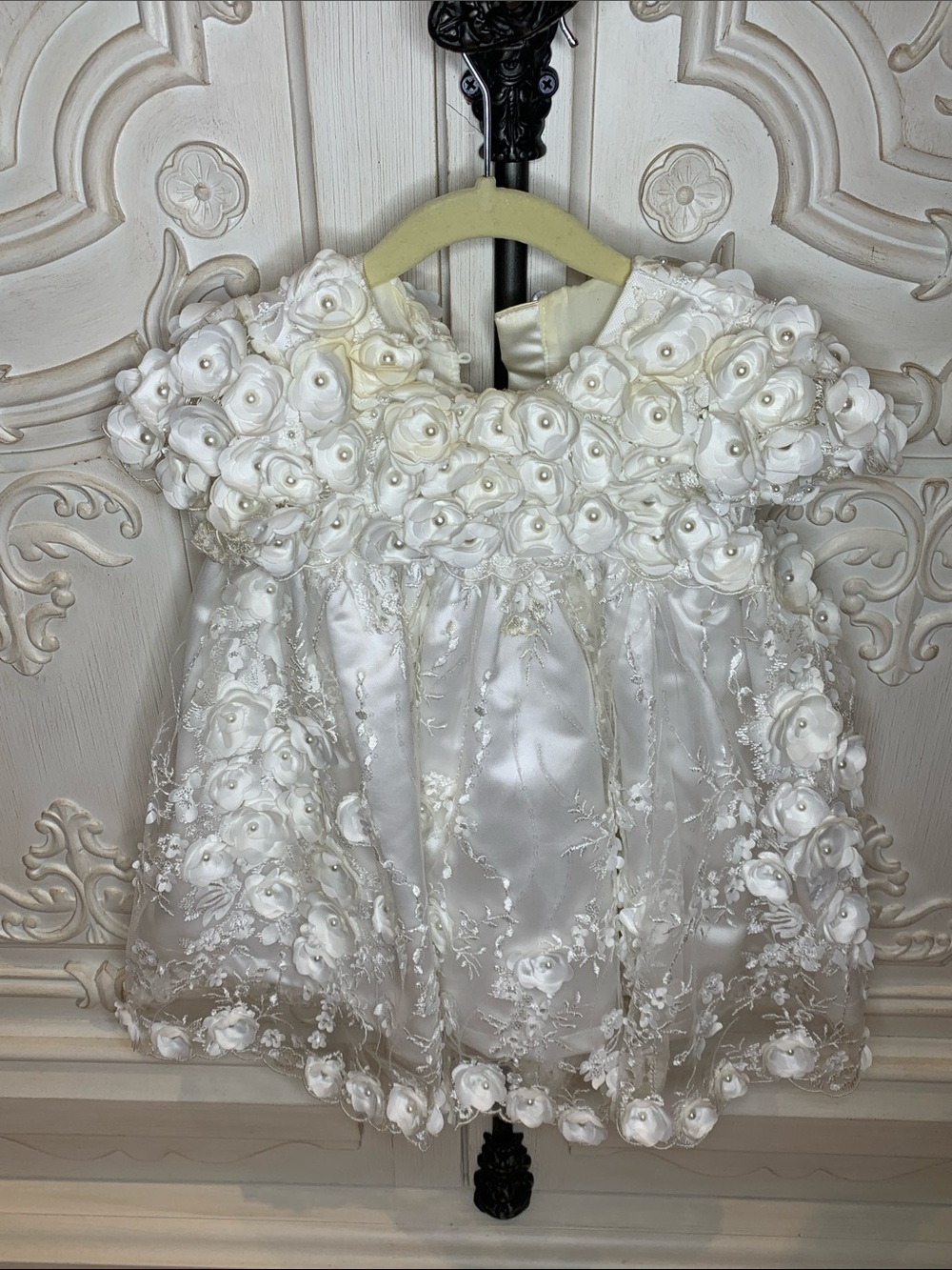 Baby Floral Rosette Satin Dress in White/Cream